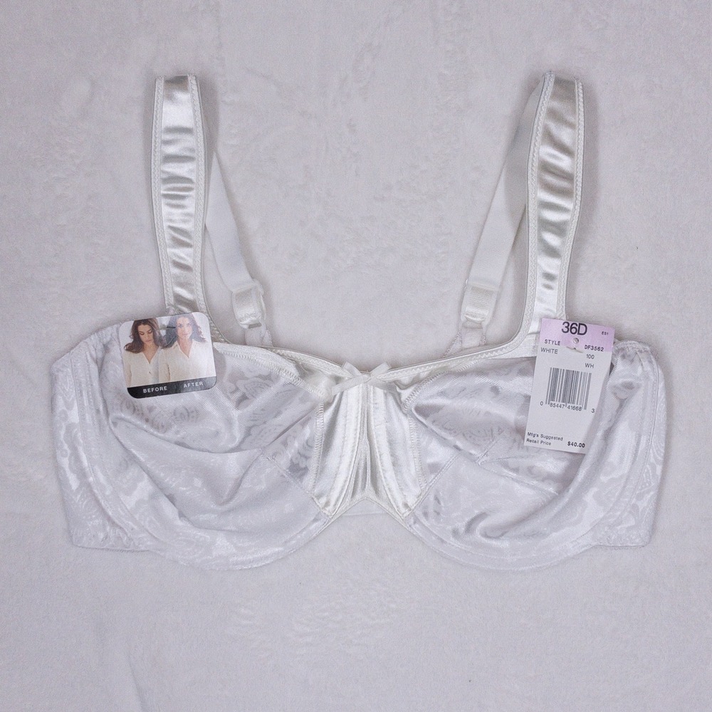 Bali Satin Tracings Underwire Minimizer Bra Size 36D White Floral Jacquard New